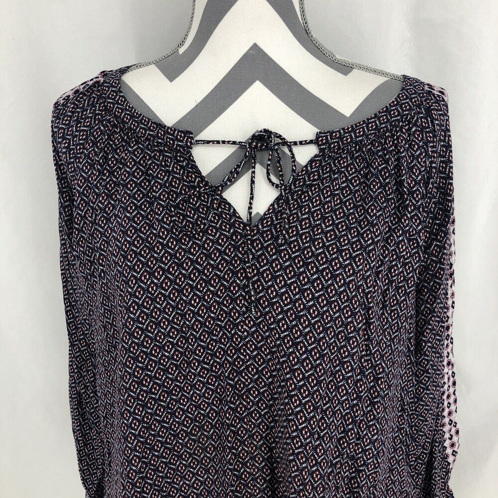 Loft Navy Blue Red Pink Tie Neck Pleated Floral Geometric Blouse 406944 Medium